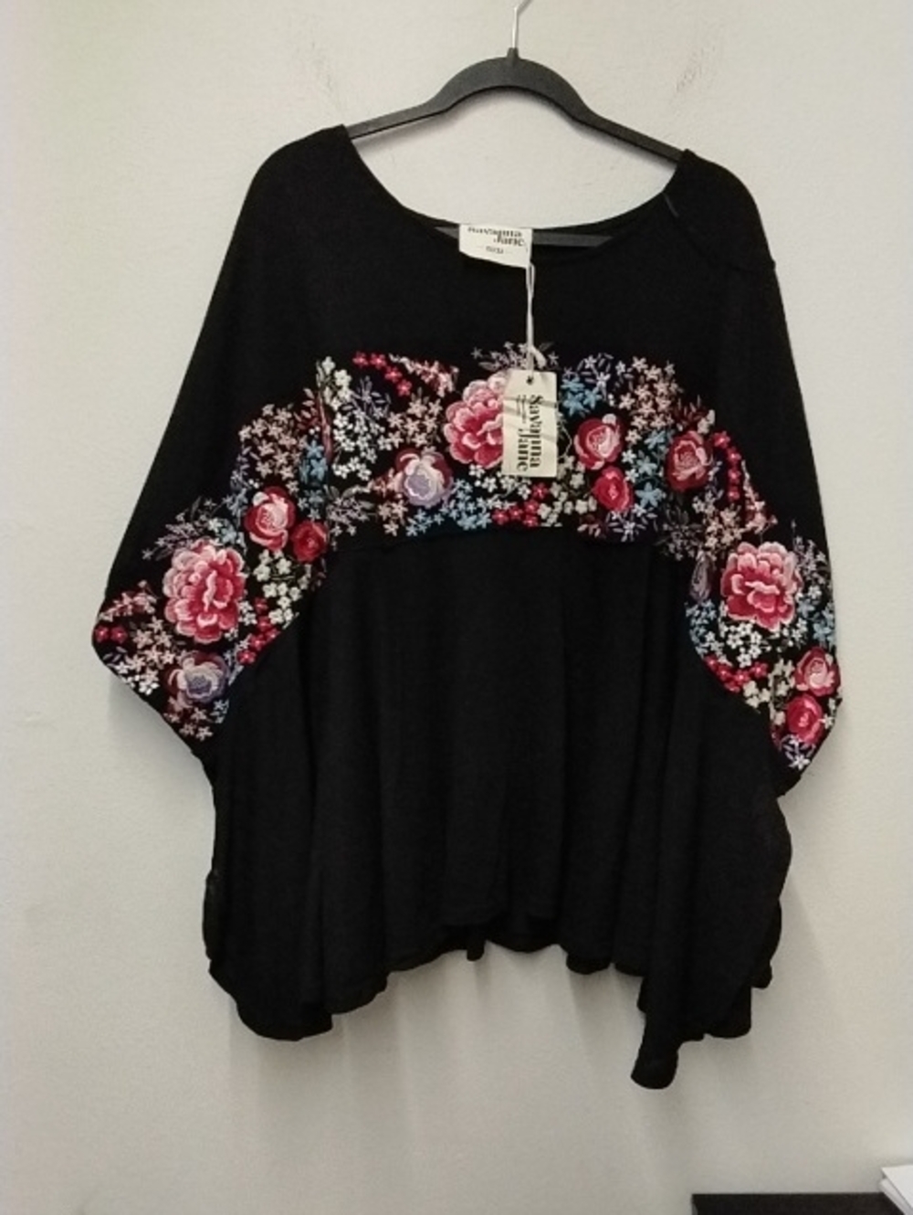 Savanna Jane Black Floral Embroidered Top with Pink and Blue Accents